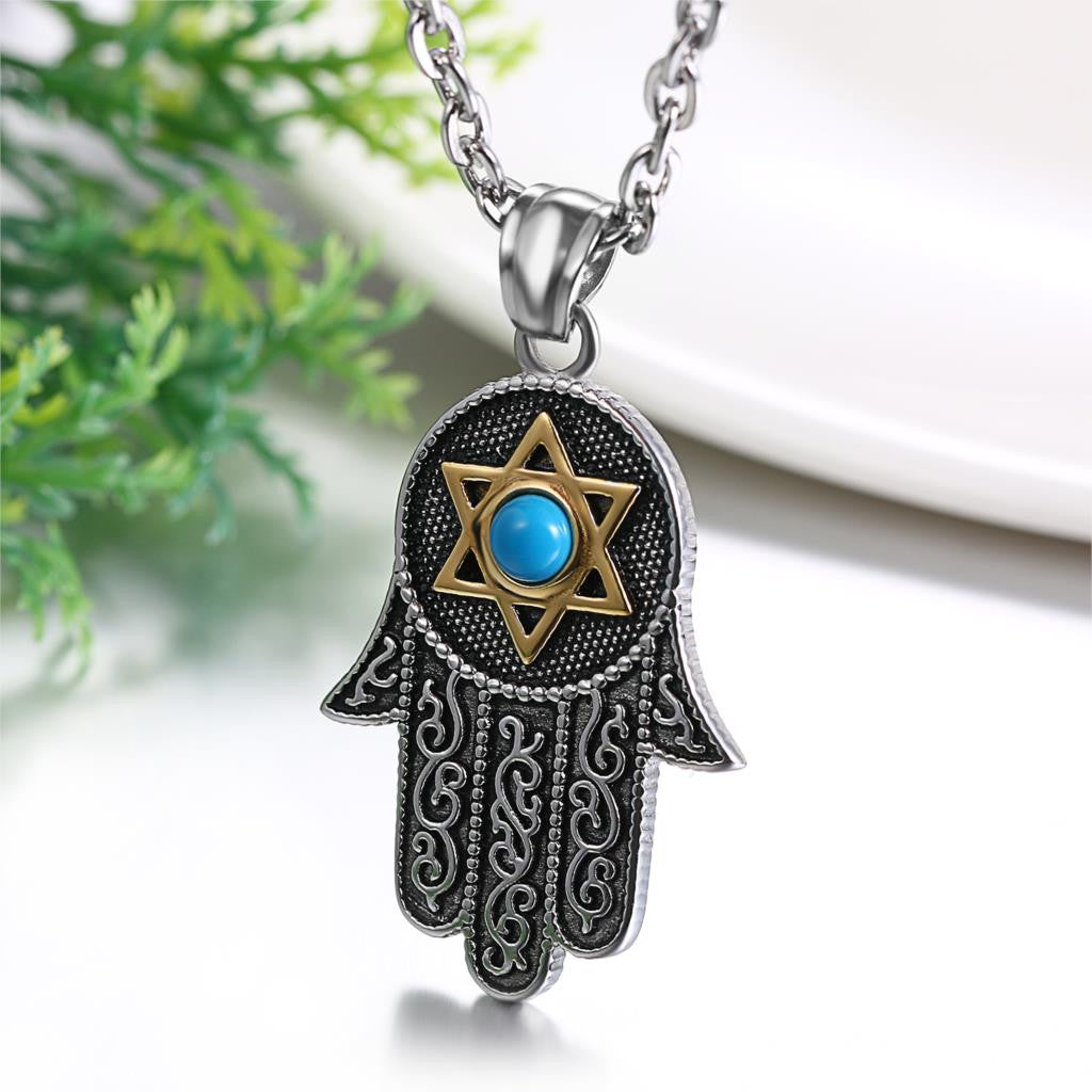 Mens No Fade Stainless Steel Star Hand Of Fatima Pendant Chain Necklace