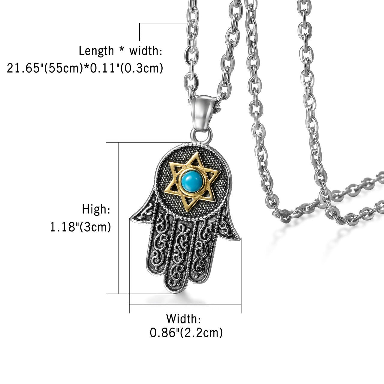 Mens No Fade Stainless Steel Star Hand Of Fatima Pendant Chain Necklace