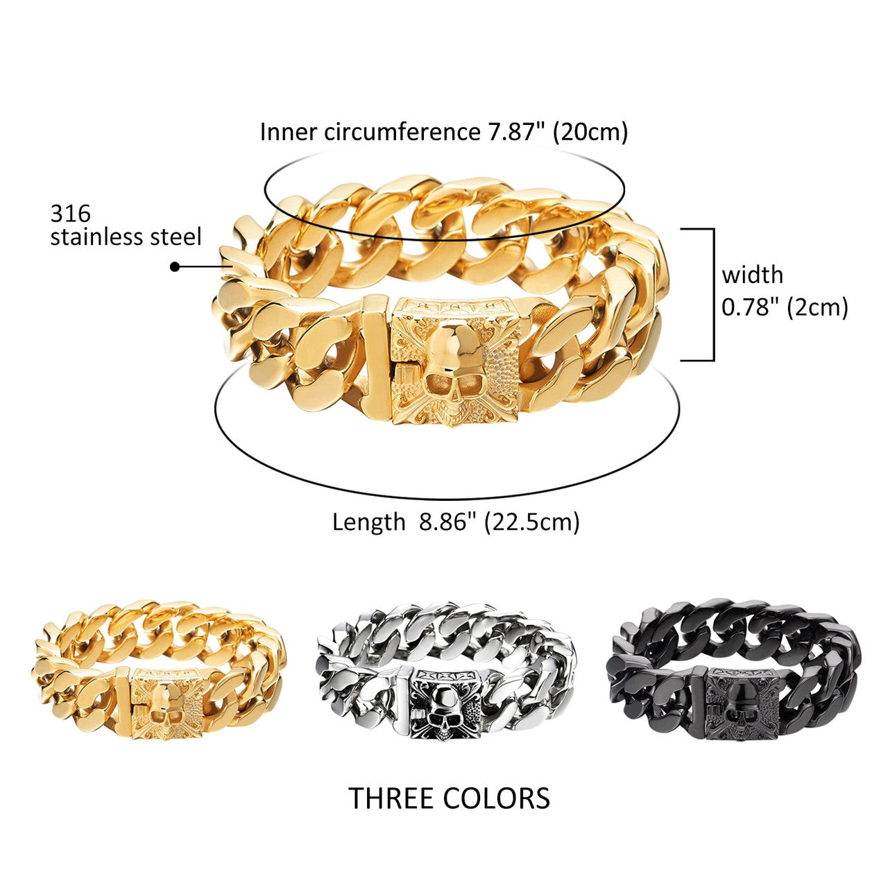 Skull Rocker Miami Cuban Link No Tarnish Stainless Steel Bracelets
