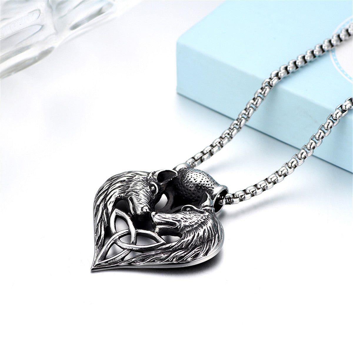 Wolf Dog Heart No Fade Stainless Steel Silver Pendant Chain Necklace