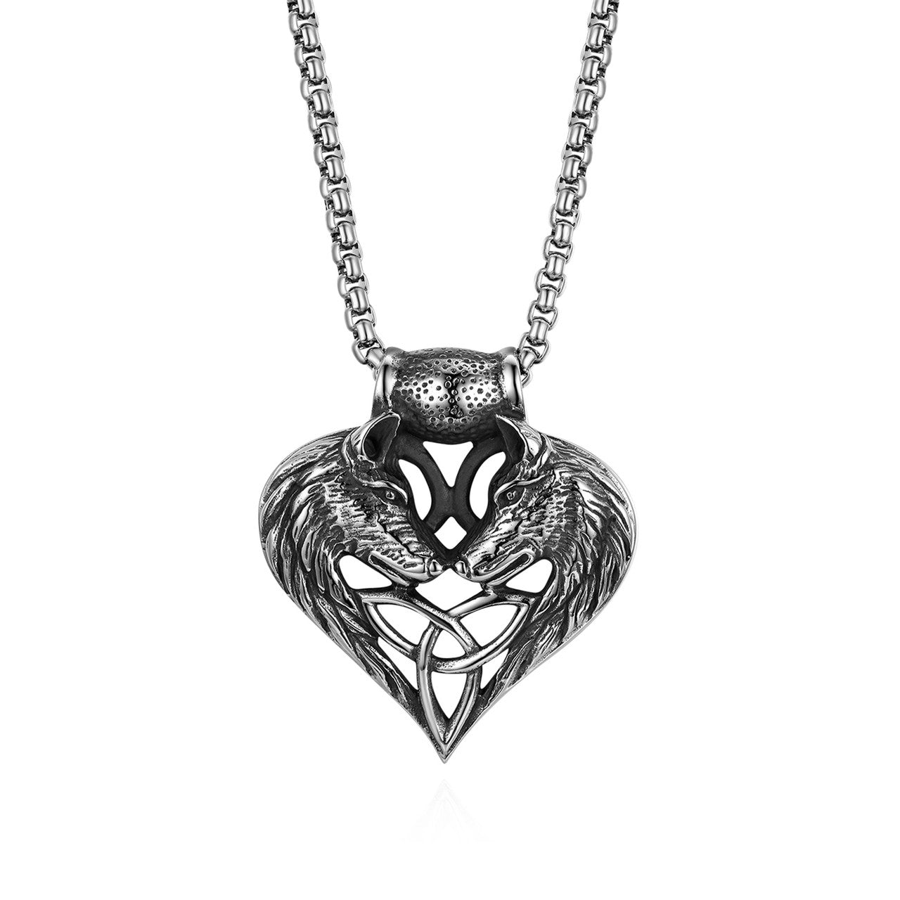 Wolf Dog Heart No Fade Stainless Steel Silver Pendant Chain Necklace