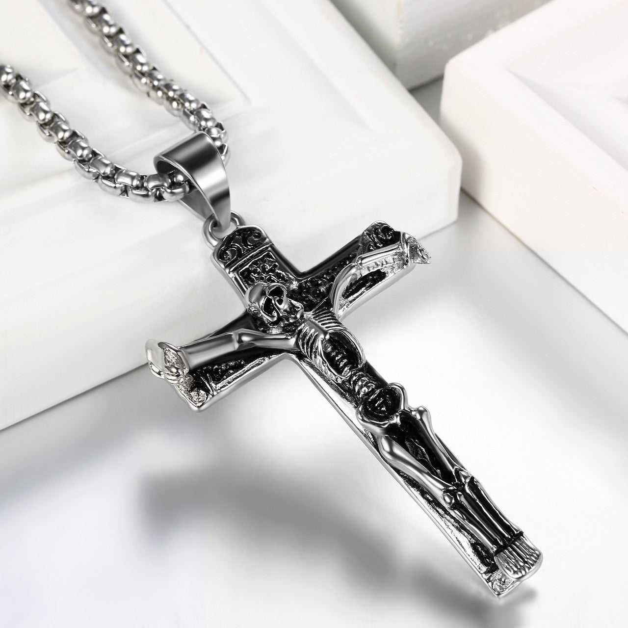 Mens Vintage Silver 14k Gold Over Stainless Steel Hip Hop Skull Cross Pendant Chain Necklace