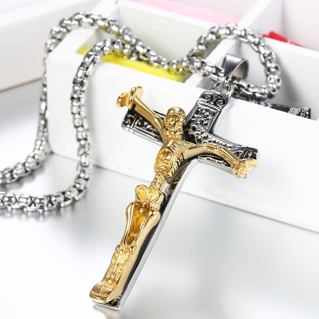 Mens Vintage Silver 14k Gold Over Stainless Steel Hip Hop Skull Cross Pendant Chain Necklace