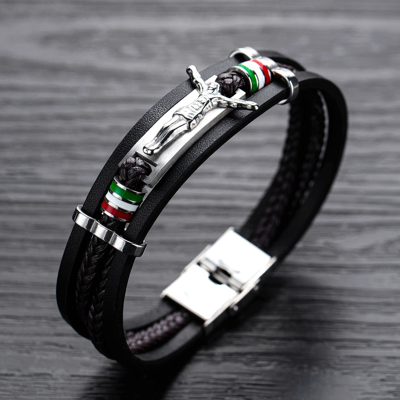 Mens Leather Fashion No Fade Stainless Steel Multi Layer Jesus Cross Mexico Spanish Bracelet