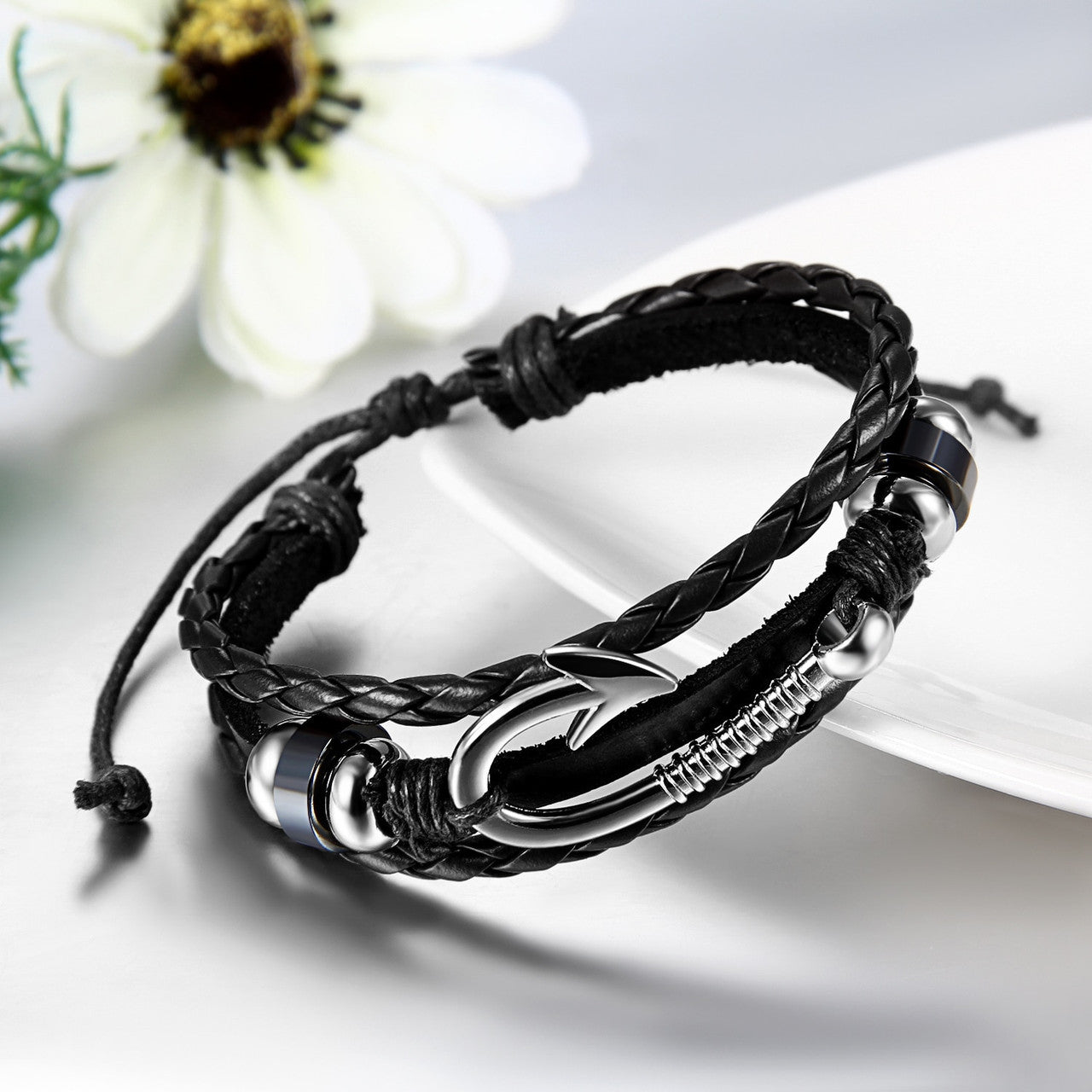 Handmade Genuine Leather Fish Hook Adjustable Casual Mens Bracelets