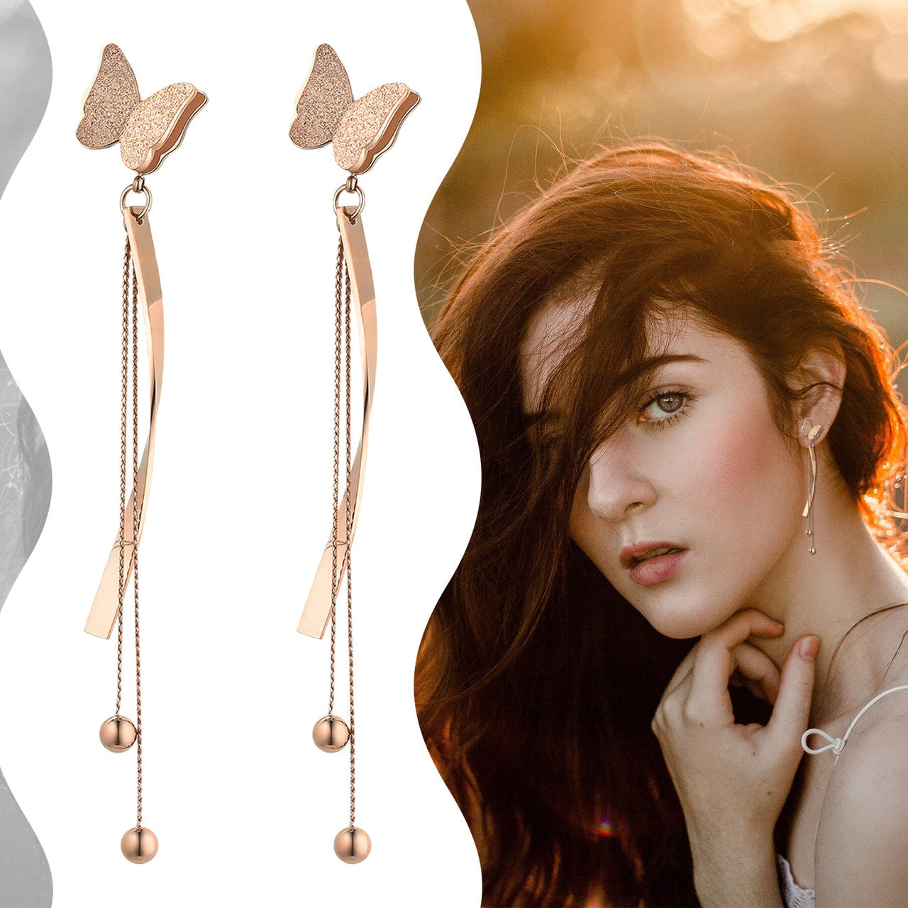 Ladies Stainless Steel Dangling Butterfly Bow Tassel Front and Back Crystal Earrings