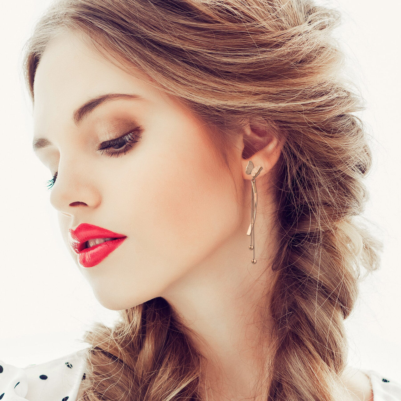 Ladies Stainless Steel Dangling Butterfly Bow Tassel Front and Back Crystal Earrings