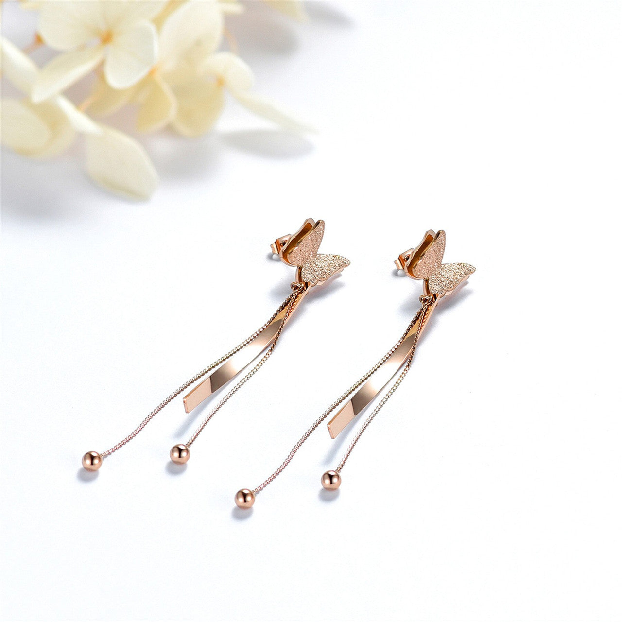 Ladies Stainless Steel Dangling Butterfly Bow Tassel Front and Back Crystal Earrings