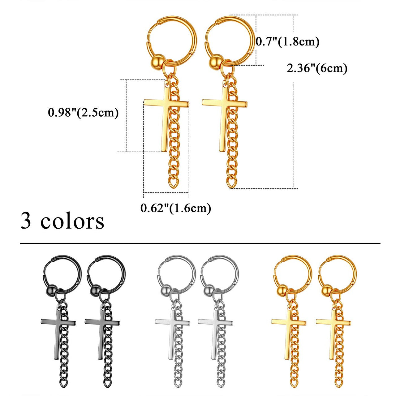 14k Gold Silver Black Stainless Steel Hoop Cross Earrings