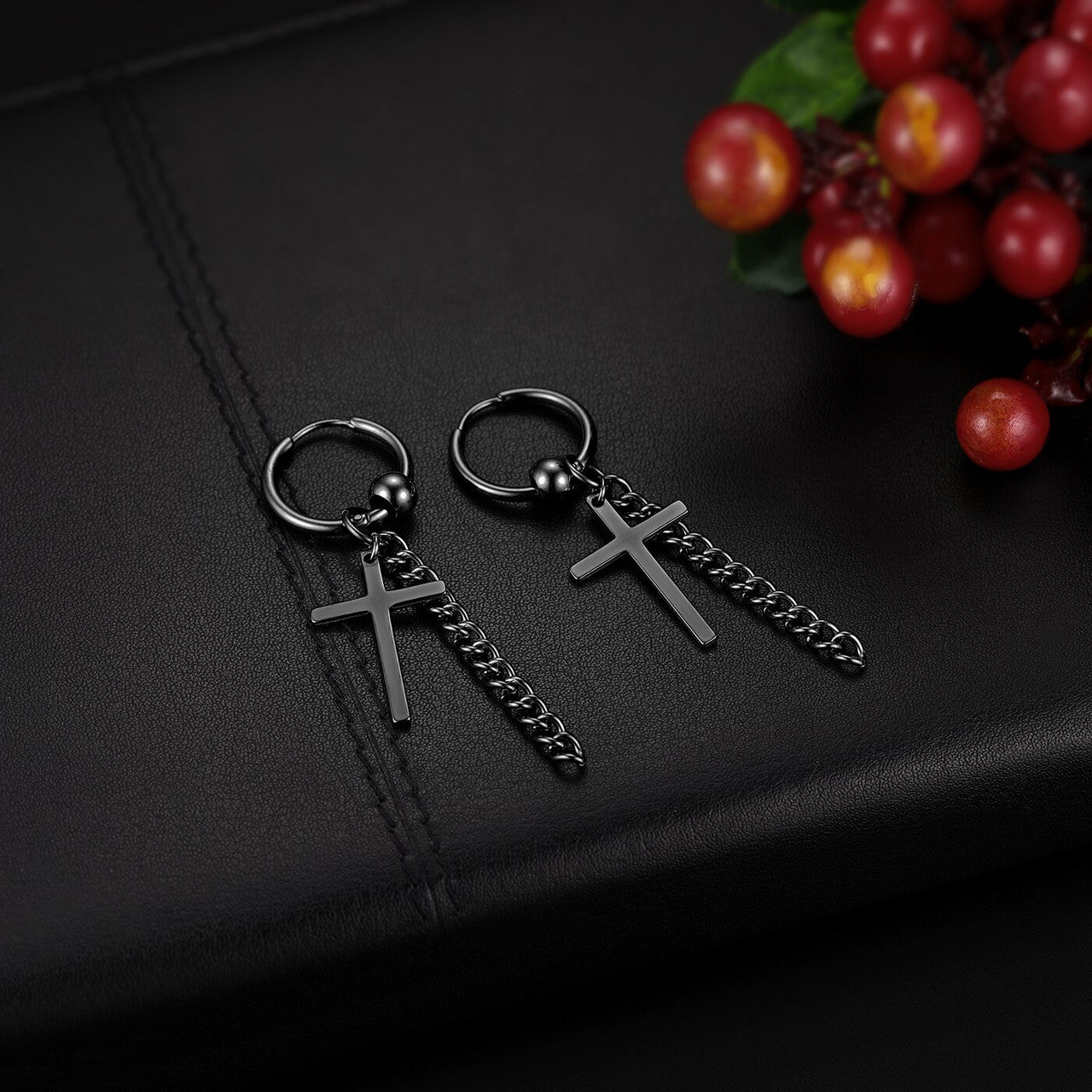 14k Gold Silver Black Stainless Steel Hoop Cross Earrings