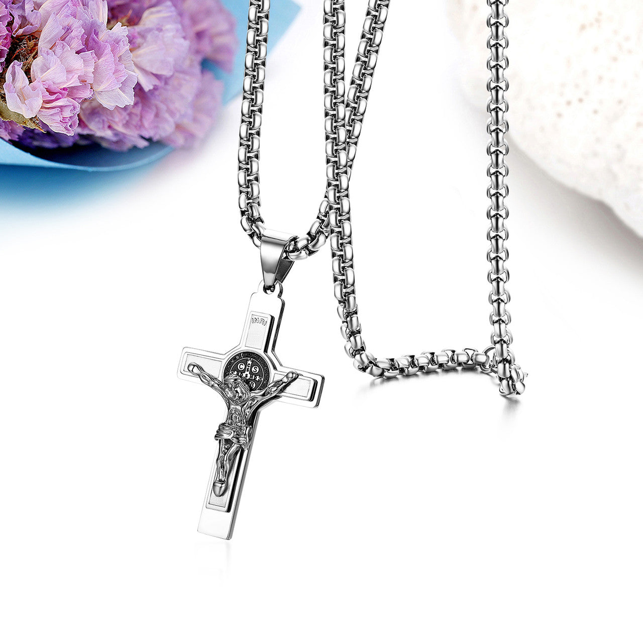 Mens No Fade Stainless Steel Layered Jesus Cross Pendant Chain Necklace