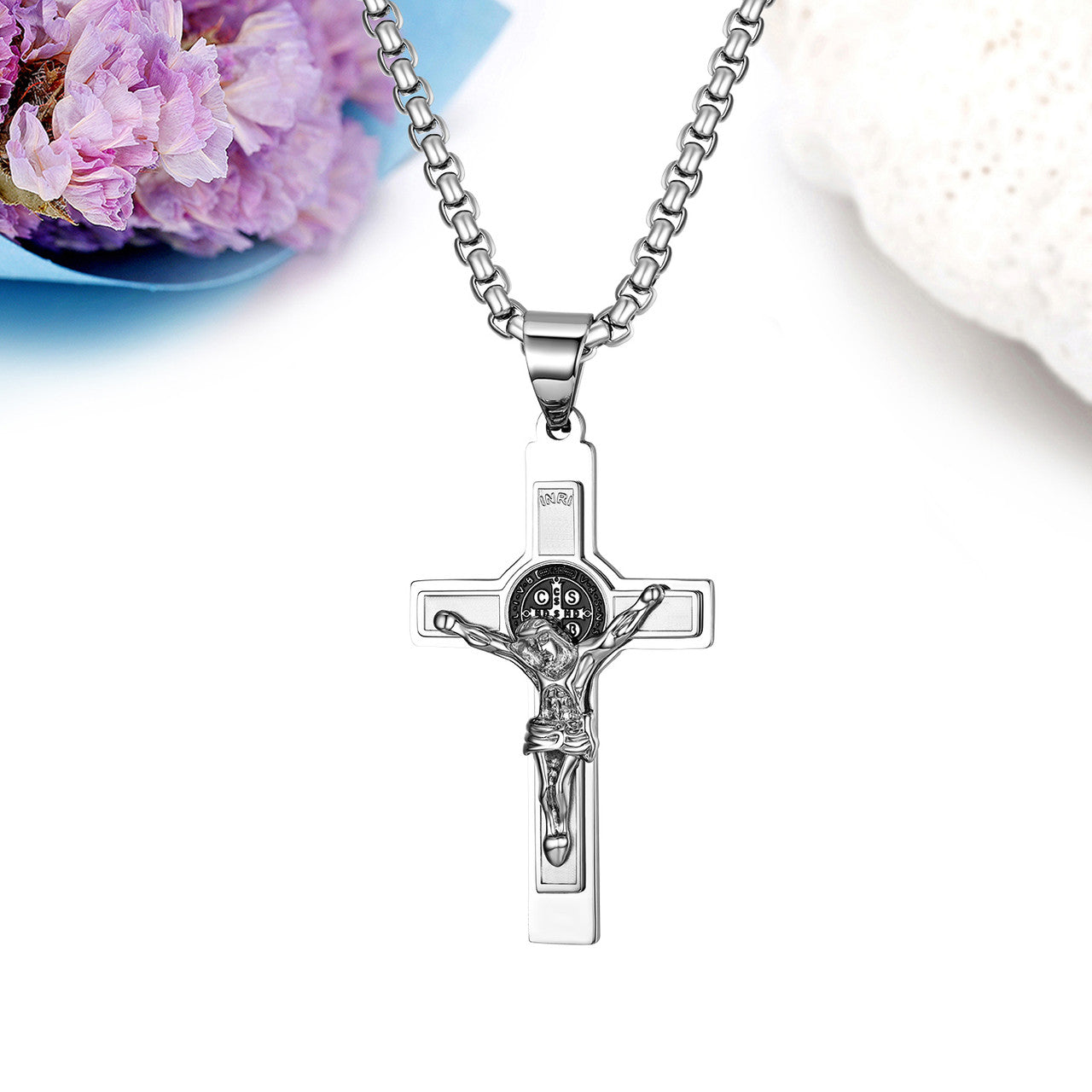 Mens No Fade Stainless Steel Layered Jesus Cross Pendant Chain Necklace