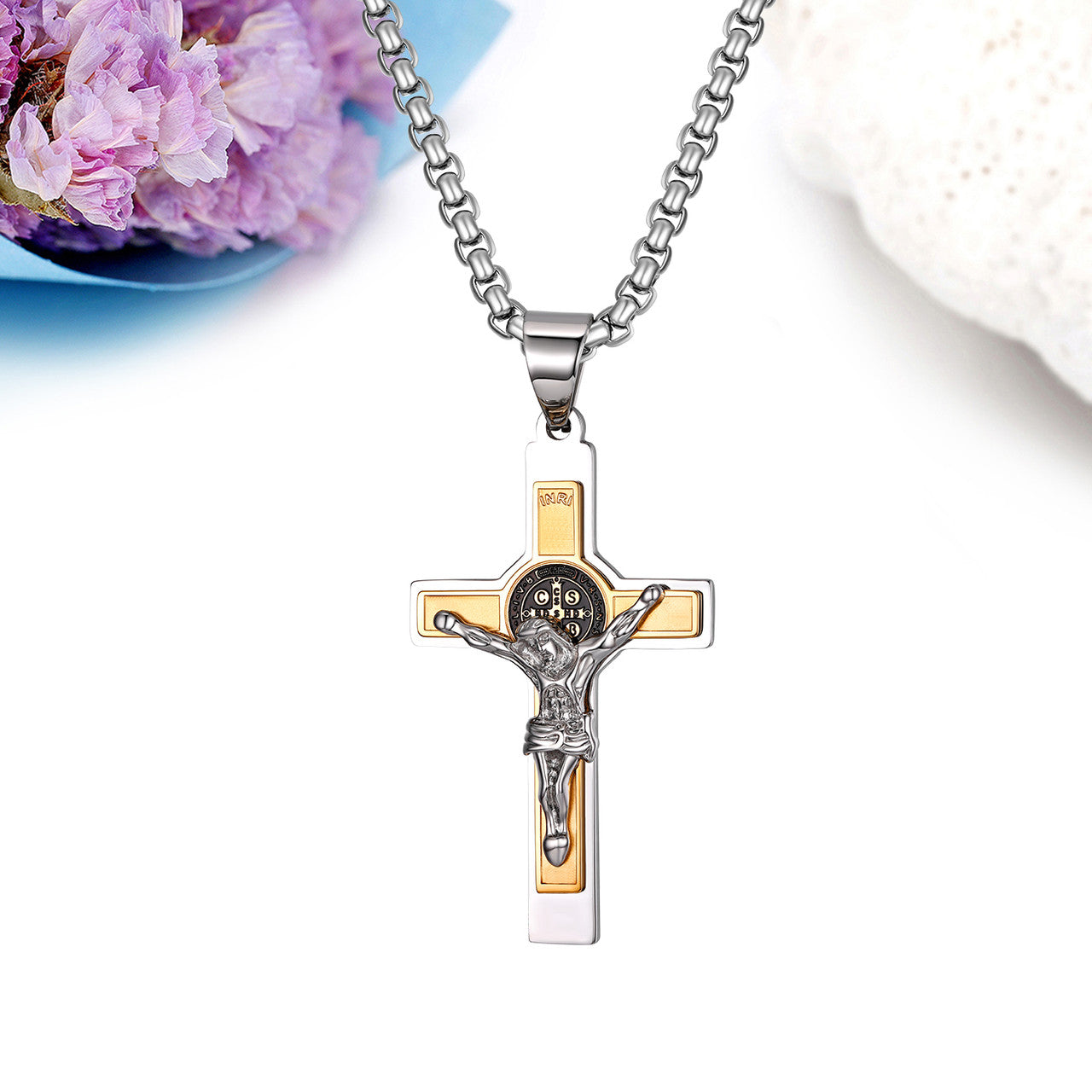 Mens No Fade Stainless Steel Layered Jesus Cross Pendant Chain Necklace
