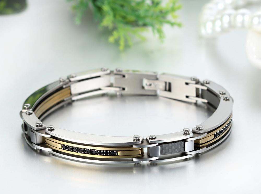 Mens Stainless Steel No Fade Carbon Chain Link Cubic Zirconia Bling Bracelets