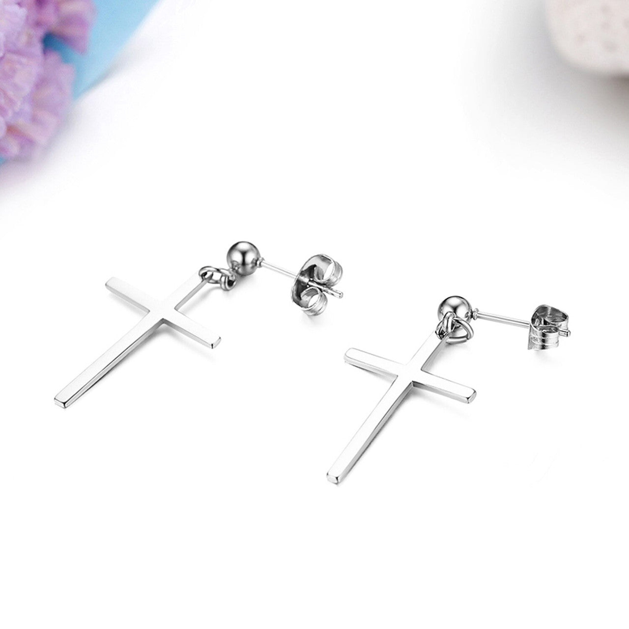 Stainless Steel Dangle Cross Pearl Stud No Fade Black Gold Silver Earrings