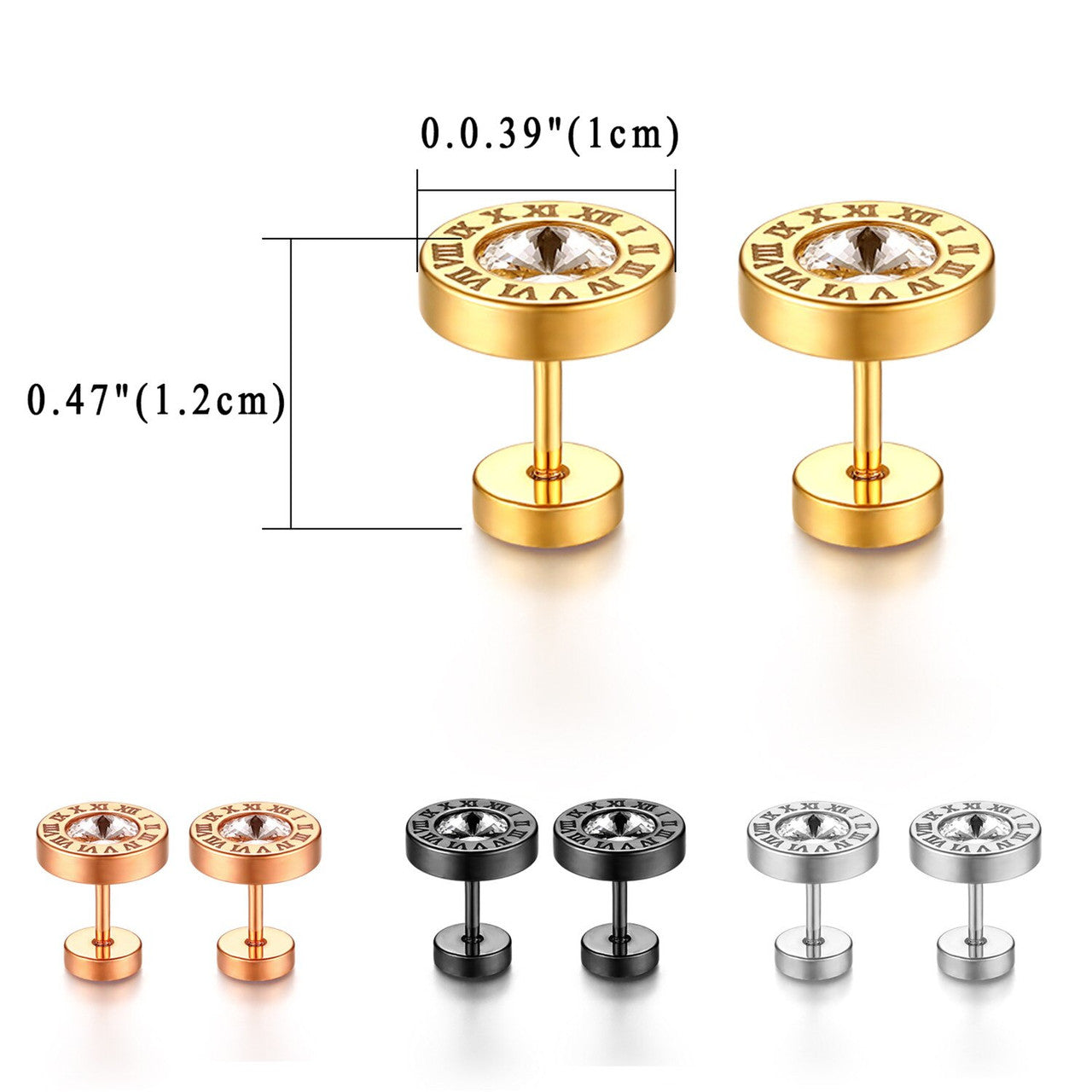 Gold Silver Rose Gold No Tarnish Bling Bling Roman Numeral Screw Back Earrings