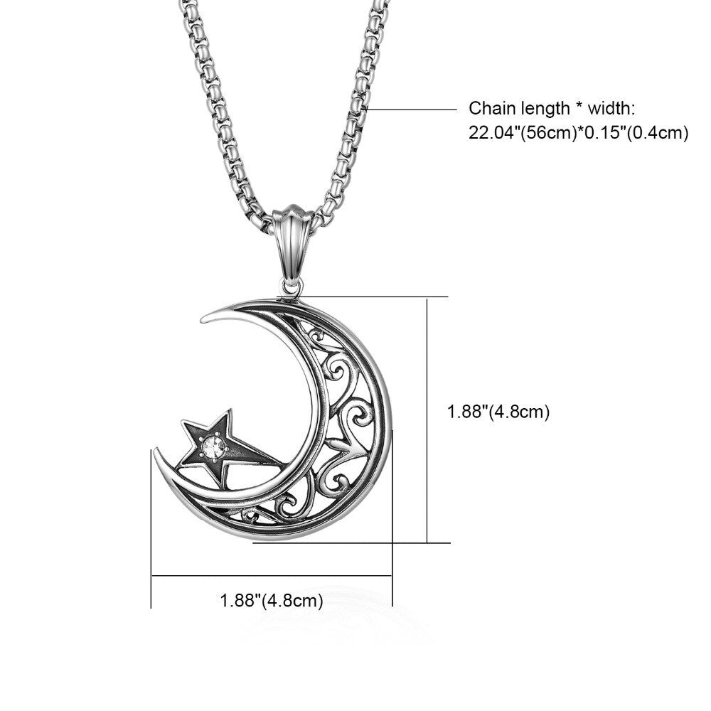 Crescent Moon Star Diamond Cz Bling No Fade Stainless Steel Pendant Chain Necklace