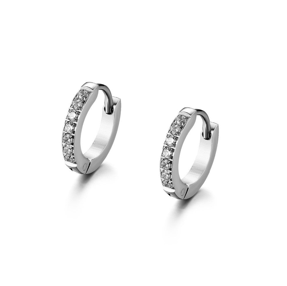Mens Womens No Fade Round Hoop Stainless Steel Bling Bling CZ Earrings