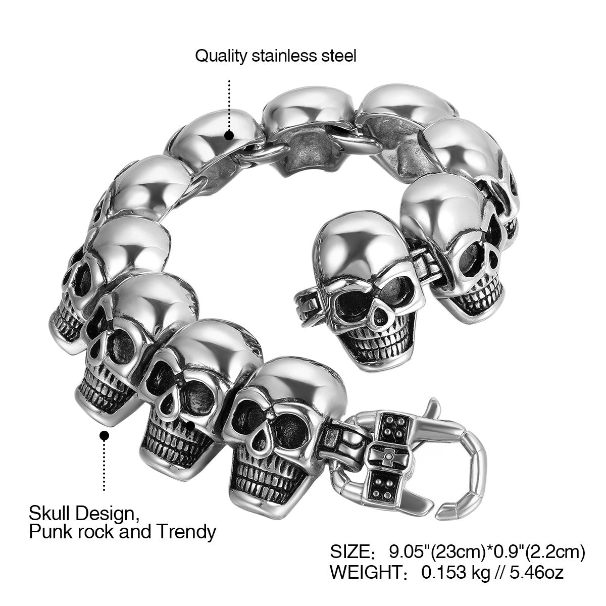 Mens No Fade Stainless Steel Street Wear Skull Head Link Bracelets