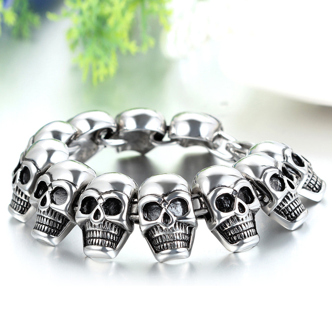 Mens No Fade Stainless Steel Street Wear Skull Head Link Bracelets