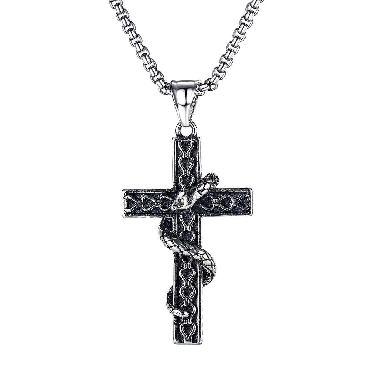 Stainless Steel Snake Serpent Men's Cross Pendant Chain Necklace