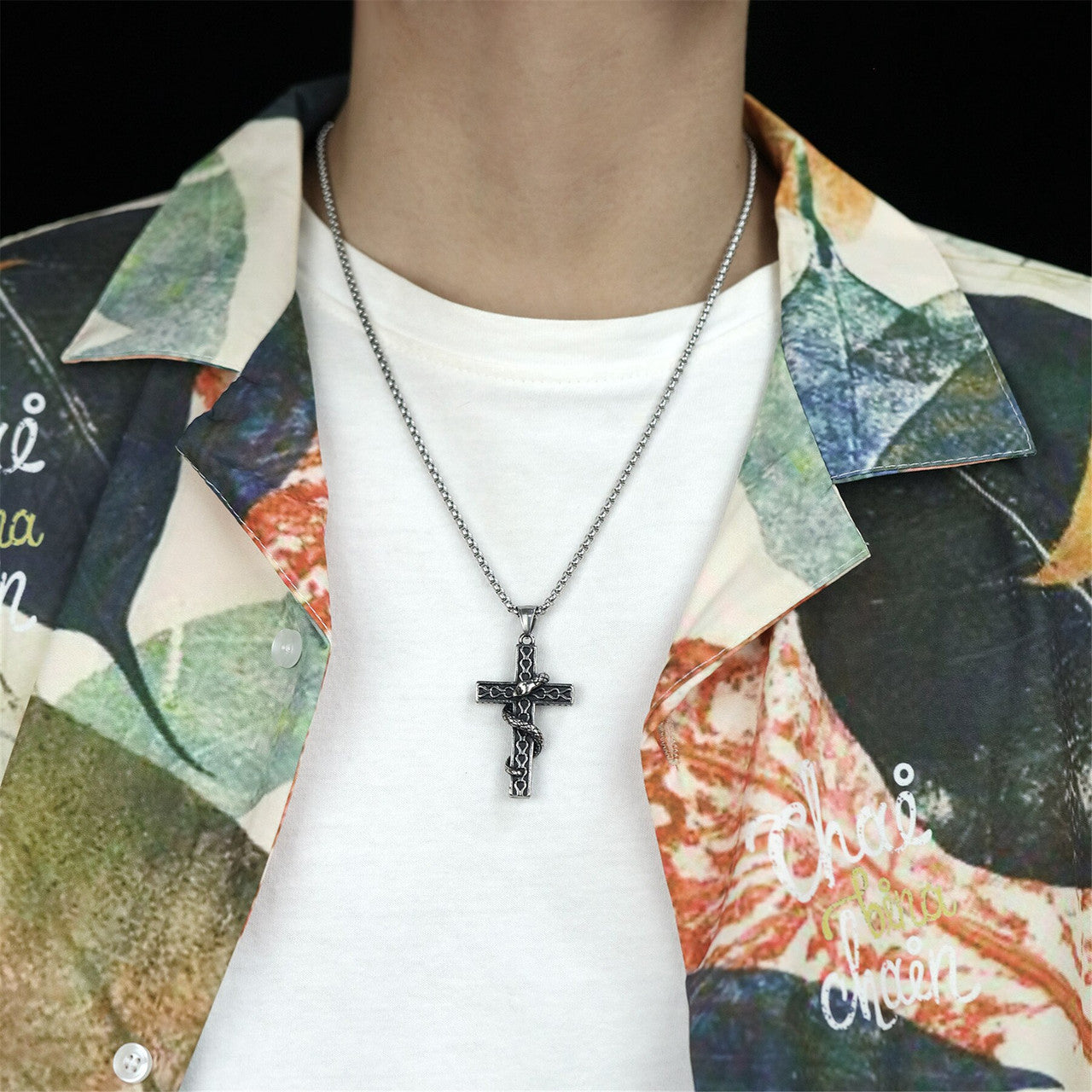 Stainless Steel Snake Serpent Men's Cross Pendant Chain Necklace