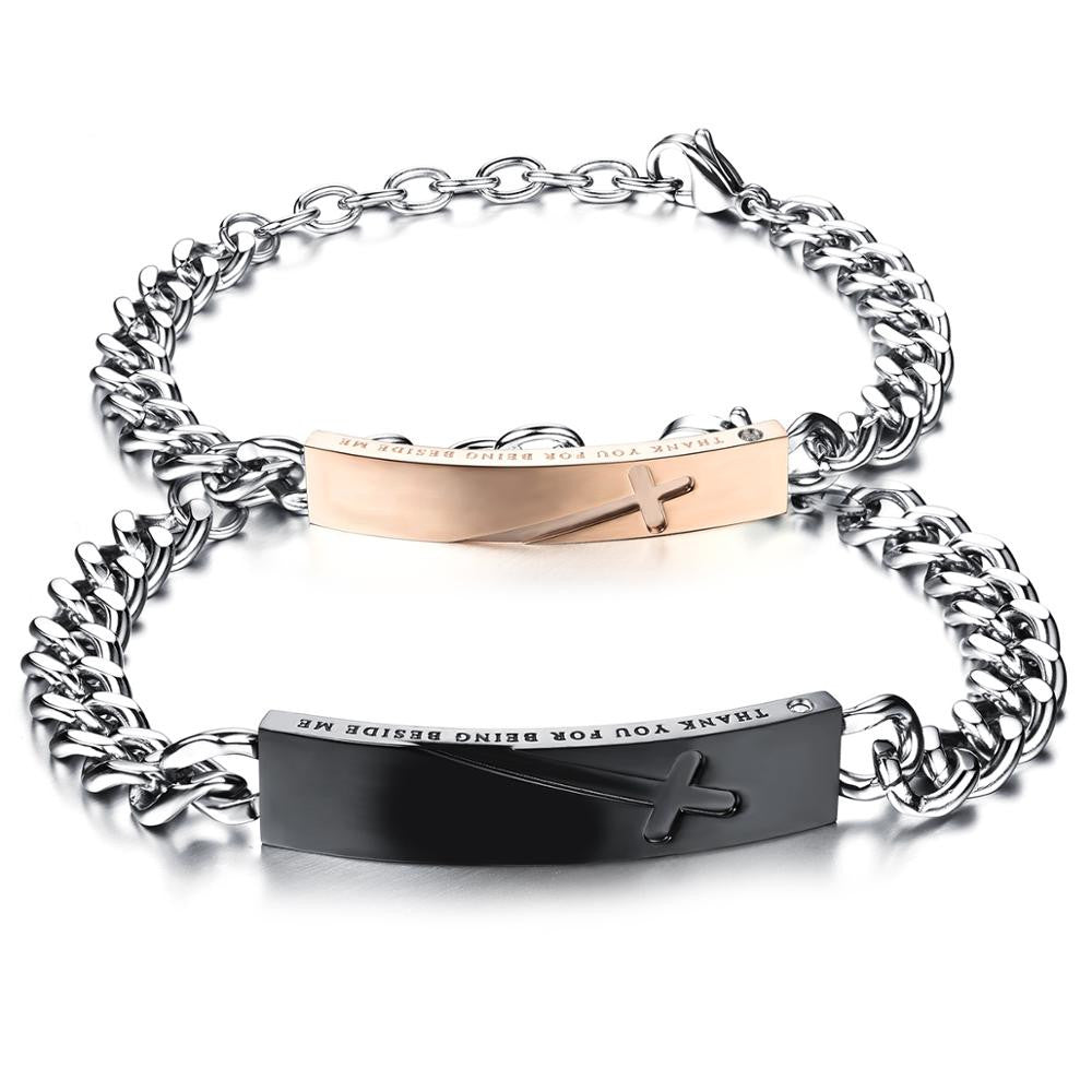 Couples Lovers Thank you Cross Rose Gold Black Stainless Steel Bracelets