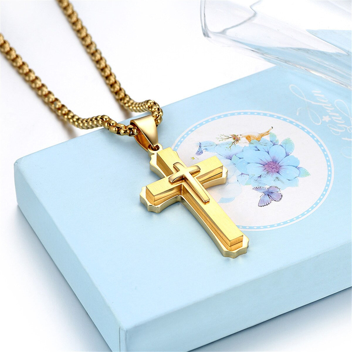Mens Unique Gold Silver Black over Stainless Steel Crucifix Cross Bling Pendant Chain Necklace