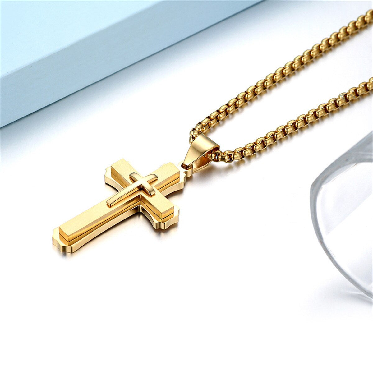 Mens Unique Gold Silver Black over Stainless Steel Crucifix Cross Bling Pendant Chain Necklace