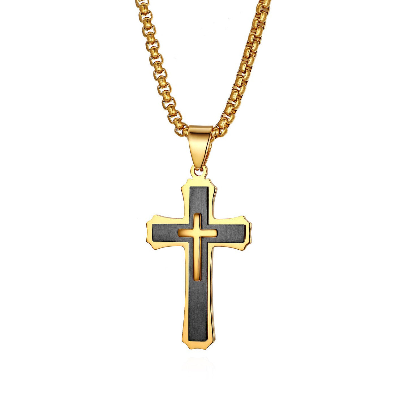 Mens Unique Gold Silver Black over Stainless Steel Crucifix Cross Bling Pendant Chain Necklace