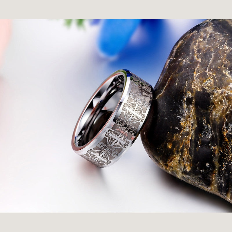 Mens Aztec Engraving Vintage Look 8mm Tungsten Stainless Steel Ring