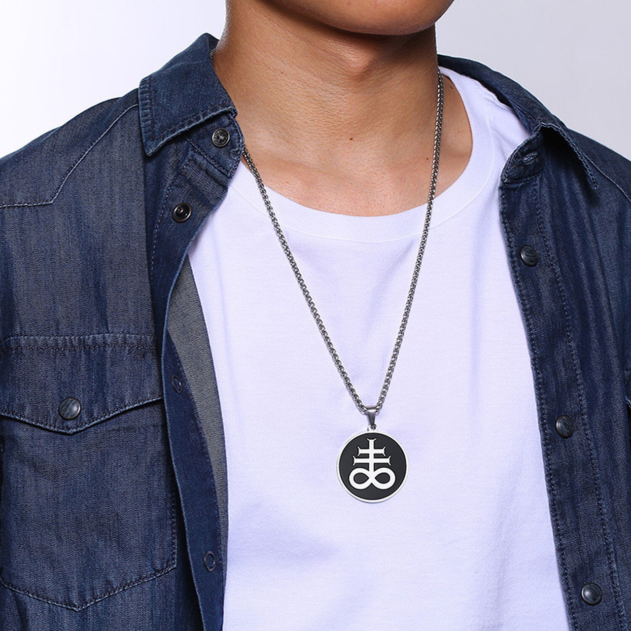 Vintage No Fade Stainless Steel Lucifer Satan Cross Mens Pendant Chain Necklace