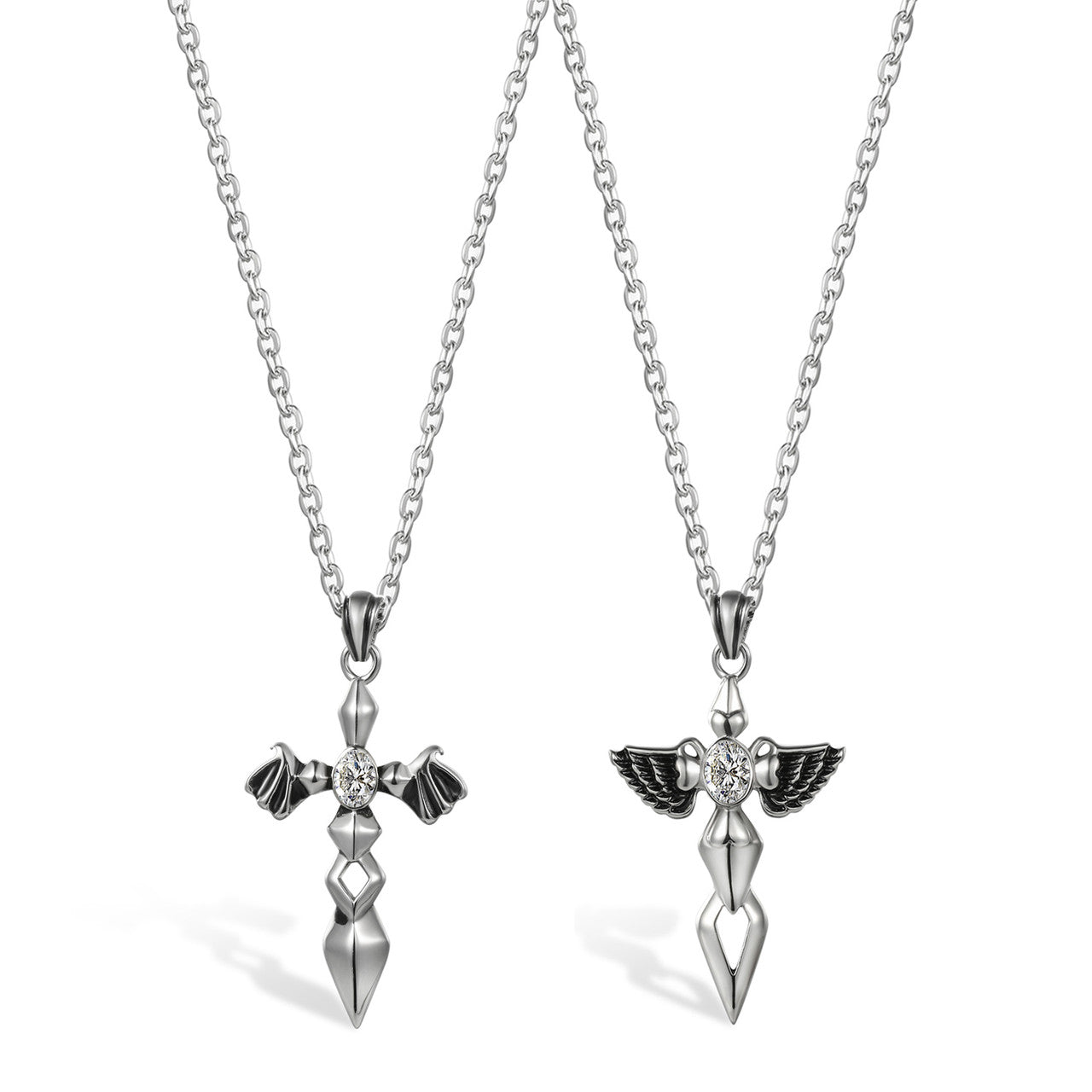 Vintage Style No Fade Stainless Steel Angel Devil Wings Pendant Chain Necklace