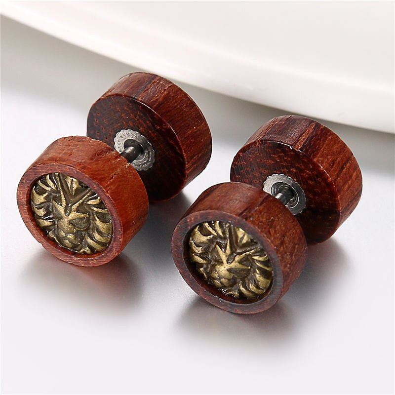 Designer Wooden Tree Of Life Lion Weed Leaf Screw Back Earrings