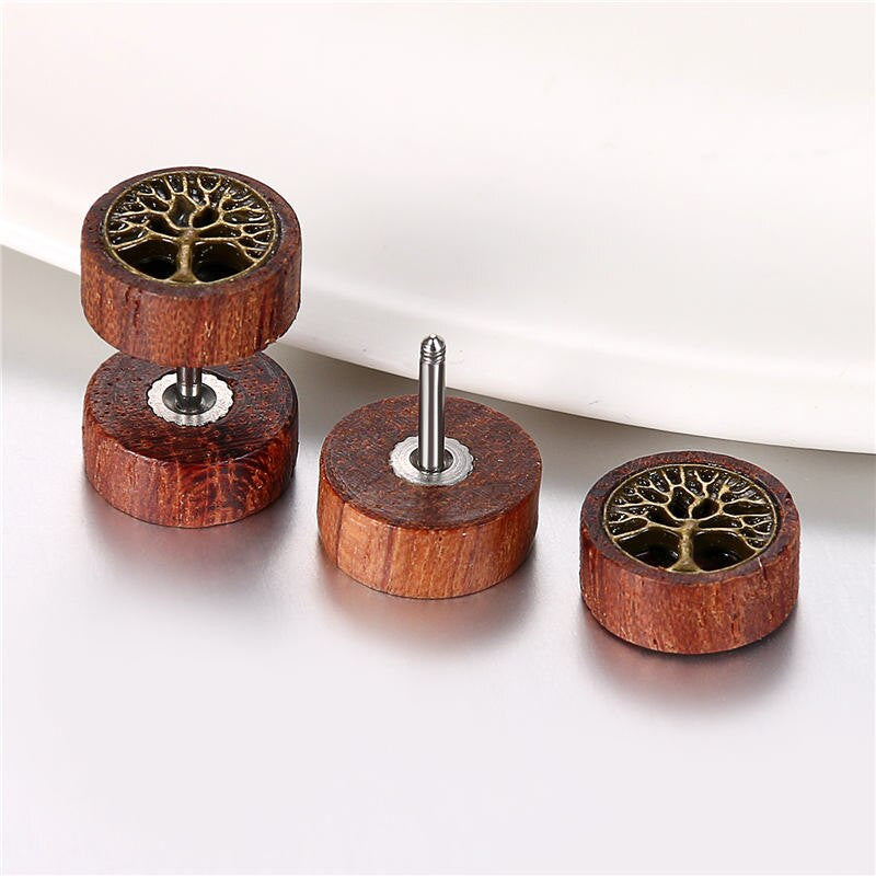 Designer Wooden Tree Of Life Lion Weed Leaf Screw Back Earrings