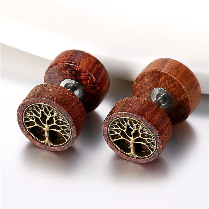 Designer Wooden Tree Of Life Lion Weed Leaf Screw Back Earrings