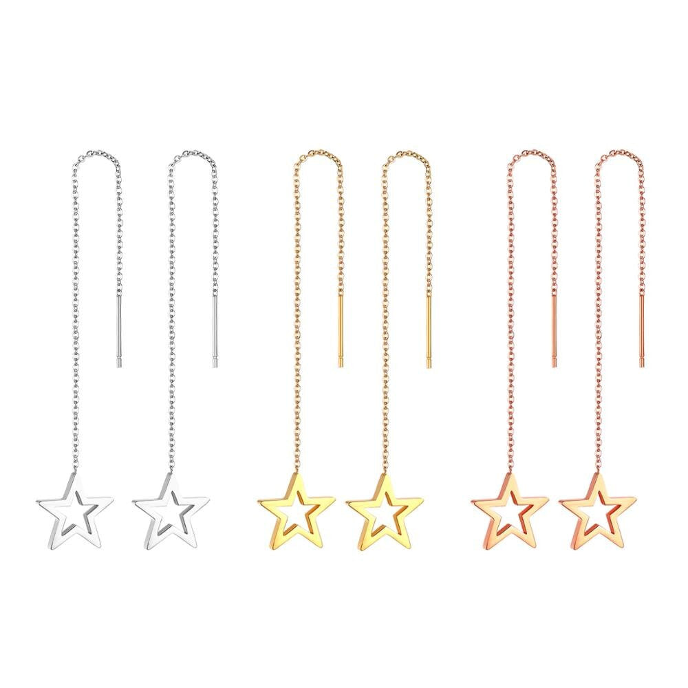 Womens Unique Design Long Fringed Dangling Stainless Star Circle Earrings