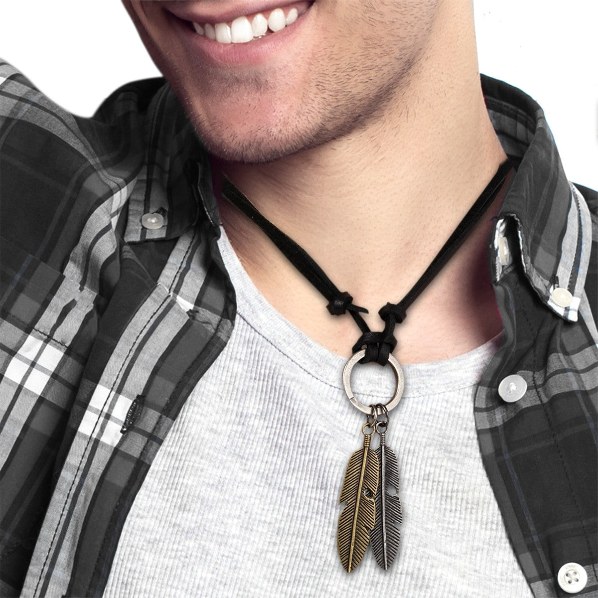 Antique Look Bronze Angel Tribal Feather Stainless Steel Leather Cord Chain Necklace