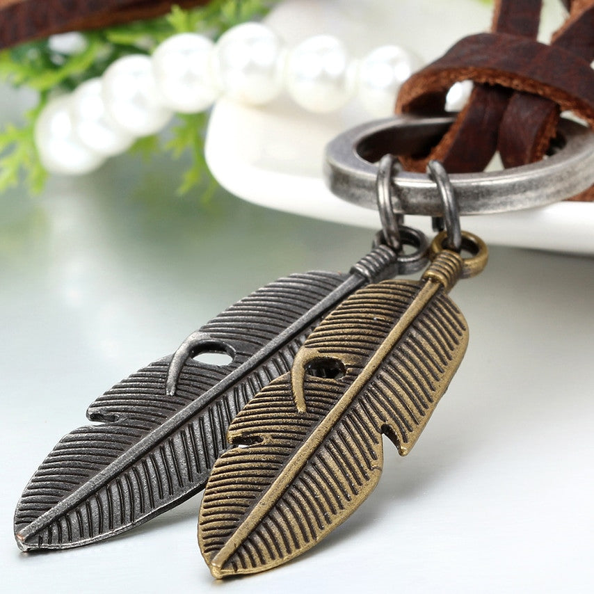Antique Look Bronze Angel Tribal Feather Stainless Steel Leather Cord Chain Necklace