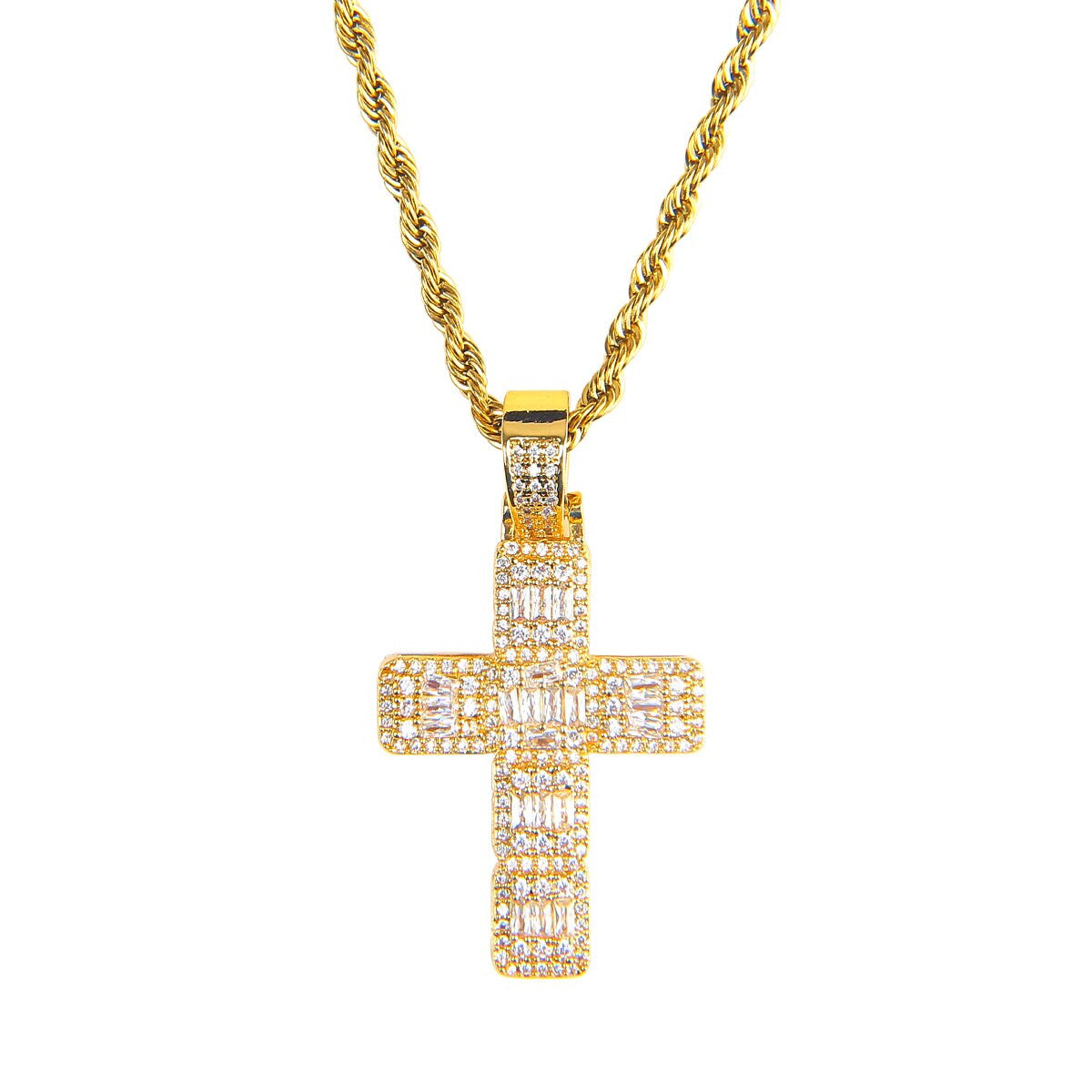 5A Thick Cut Flooded Ice Baguette Cross Bling Hip Hop Pendant Chain Necklace