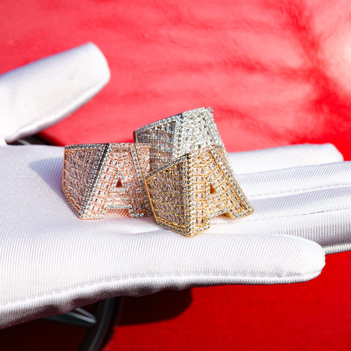 Flooded Ice Rose Gold Silver 24k Hip Hop Custom Initial Baguette Rings