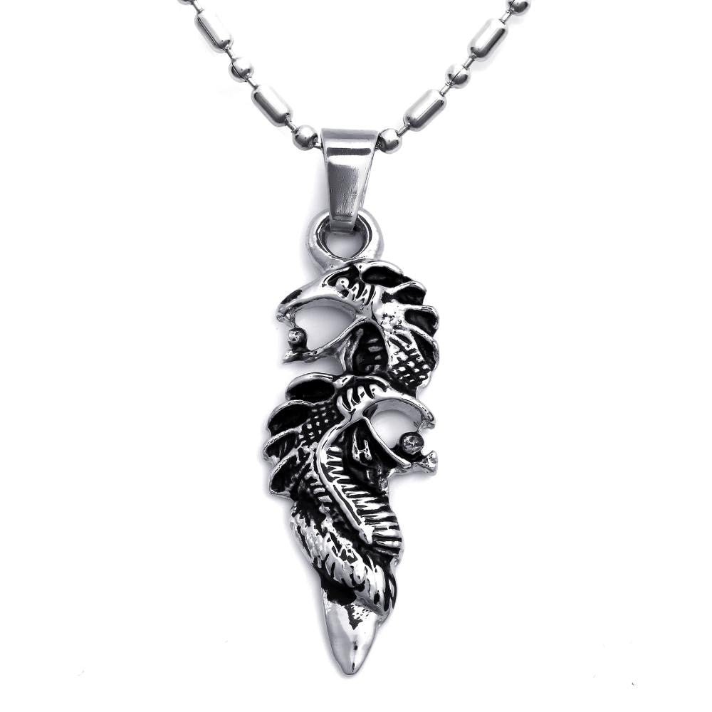 Mens No Fade Stainless Steel Double Dragon Bling Pendant Chain Necklace