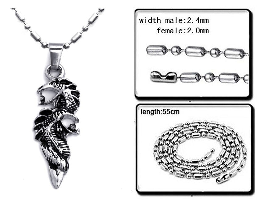 Mens No Fade Stainless Steel Double Dragon Bling Pendant Chain Necklace