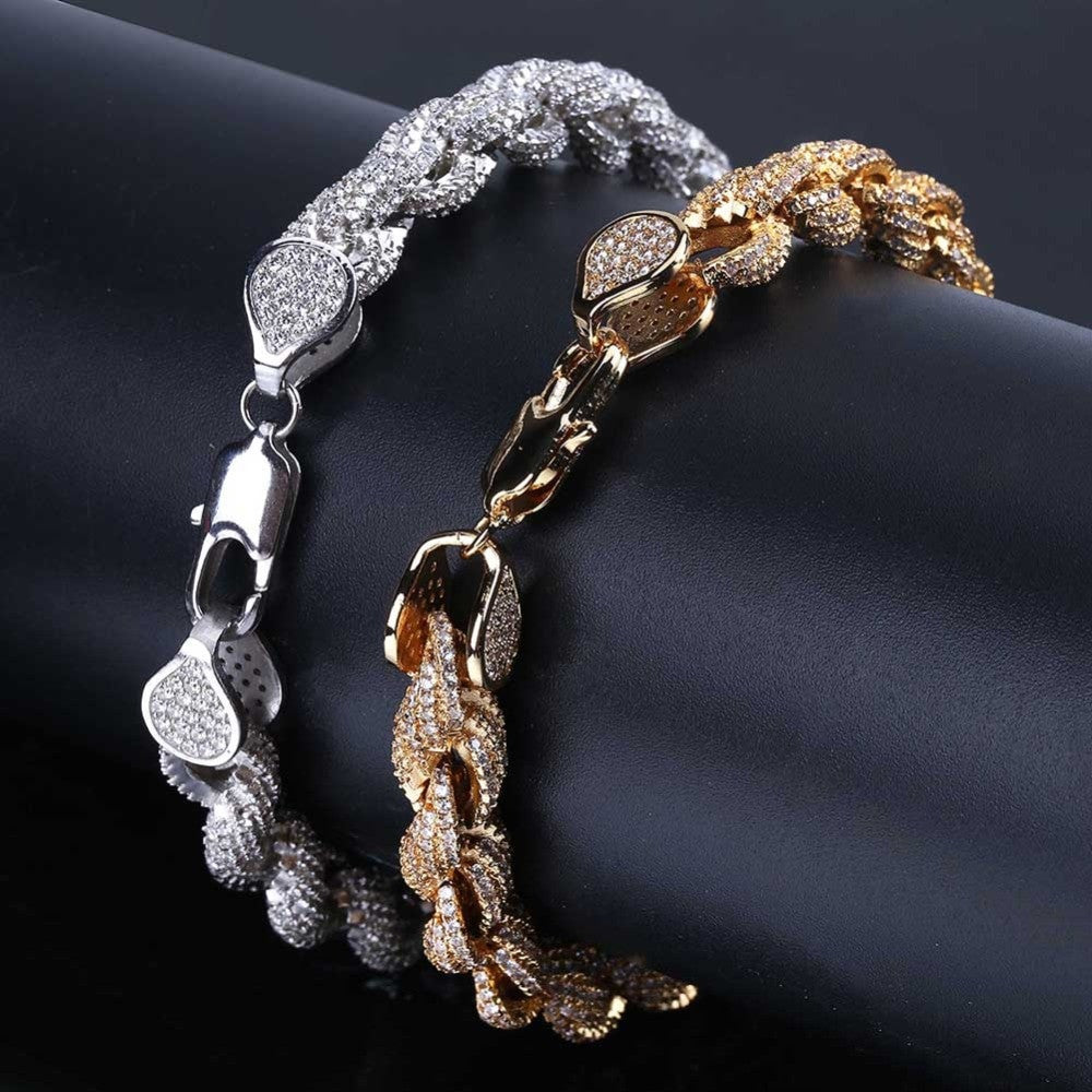 Bling Flooded Ice AAA Micro Pave 8mm Rope Link Hip Hop 14k Gold Silver Chain Bracelet