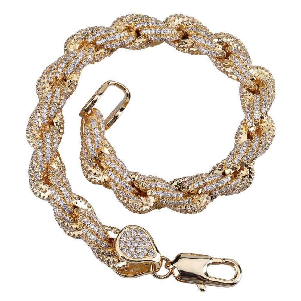 Bling Flooded Ice AAA Micro Pave 8mm Rope Link Hip Hop 14k Gold Silver Chain Bracelet