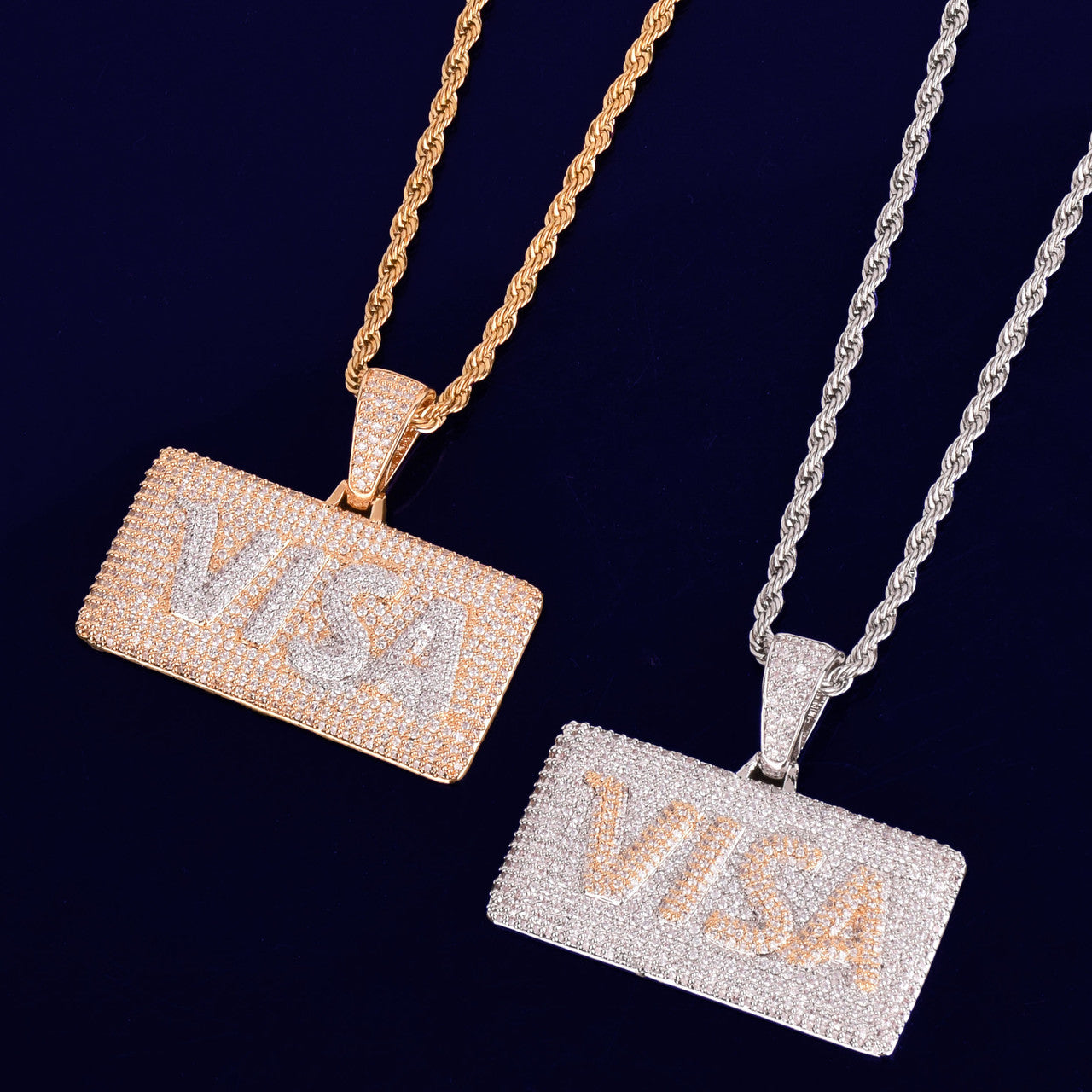True Micro Pave Real 18k Gold Silver Credit Card Flooded Ice Hip Hop Pendant Chain Necklace