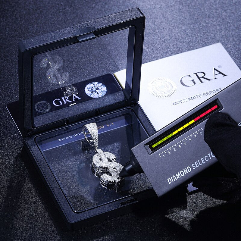 Genuine VVS Iced Blinged Out Baguette Dollar Sign Solid 925 Silver Pendant Chain