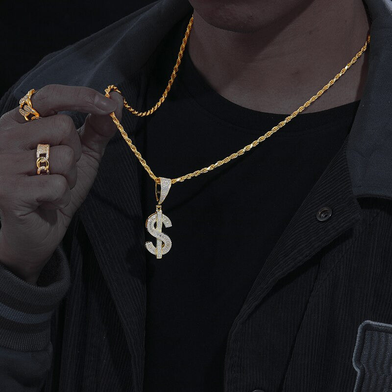 Genuine VVS Iced Blinged Out Baguette Dollar Sign Solid 925 Silver Pendant Chain