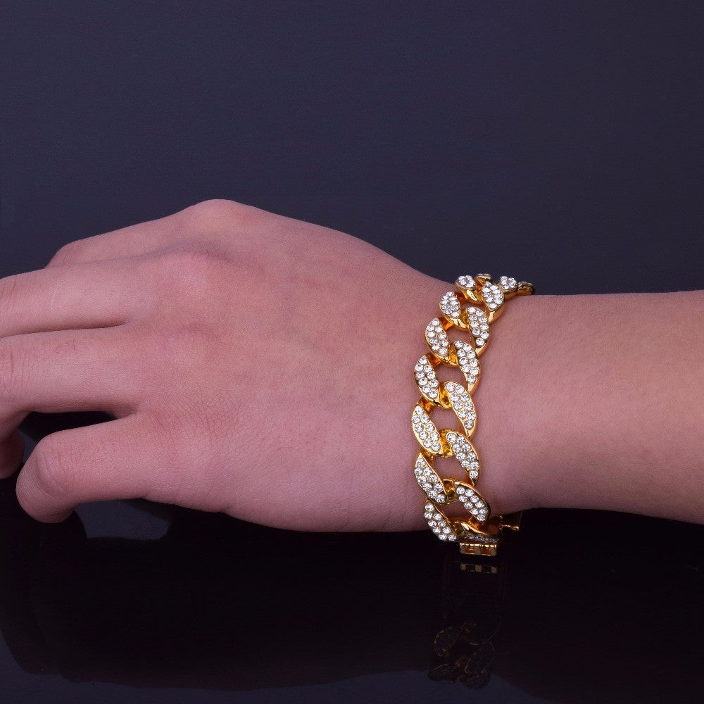 14k Gold .925 Silver Mens Hip Hop Handset Set AAA Stone Cuban Link Bracelet