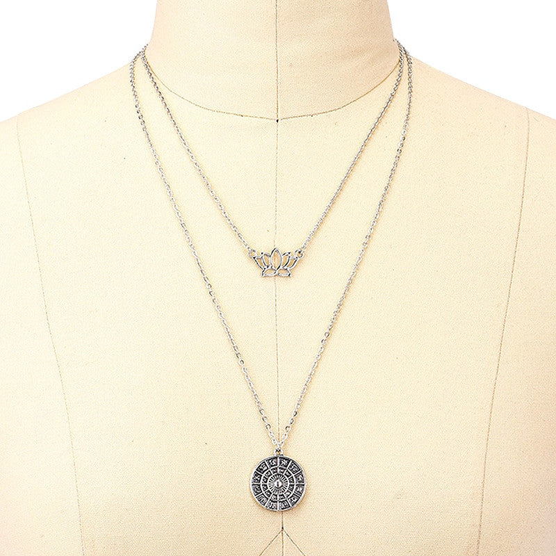 Ladies Bohemian Lotus Compass Silver Multilayer Retro Chain Long Necklace